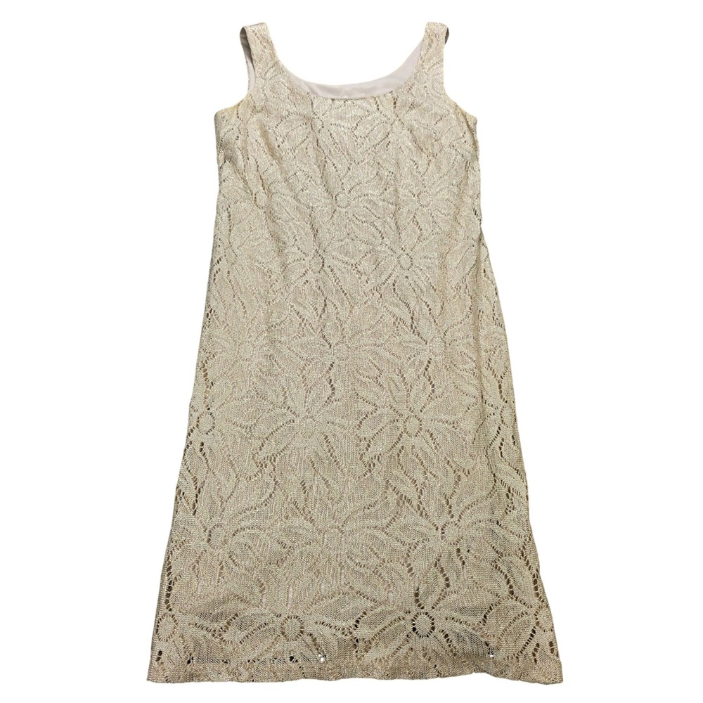 Vintage S.L. Fashions Floral Lace Dress Women's Size 6 Gold Metallic  Sleeveless